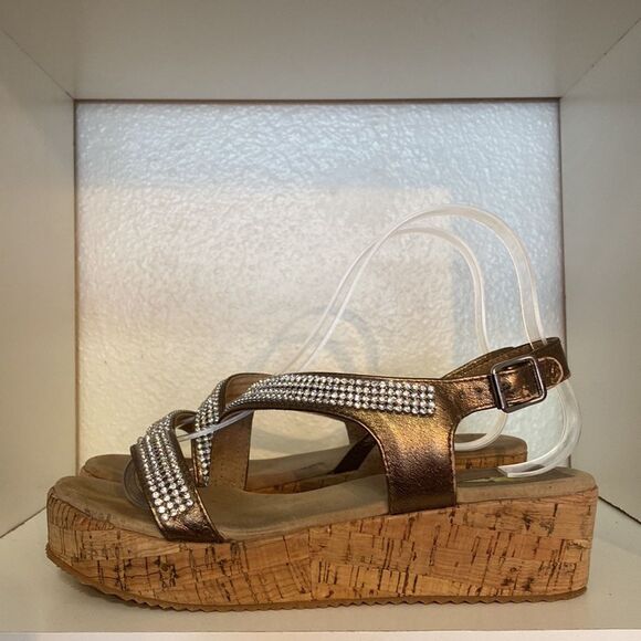 Volatile Rhinestones Leather Platform Cork Brown Tan Ankle Strap Sandals - Picture 2 of 10